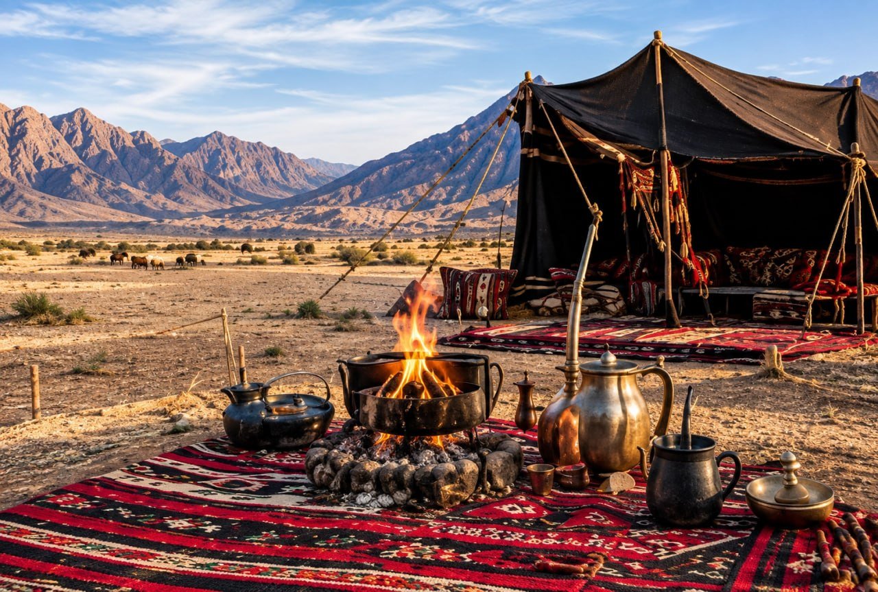 أدوات قهوة نحاسية حول موقد نار في البادية
