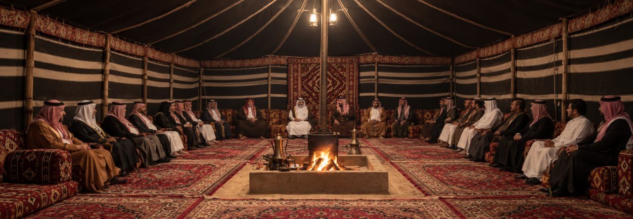رجال العشيرة في مجلس ليلي حول النار داخل بيت الشعر