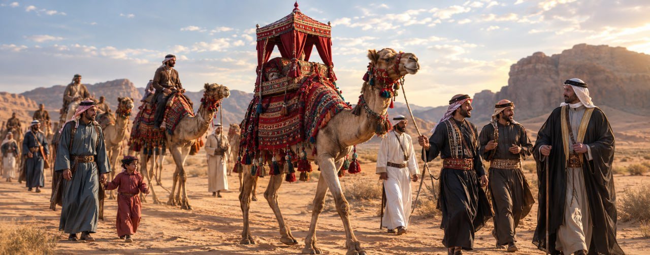 موكب هجن مزينة يقوده رجال العشيرة في البادية